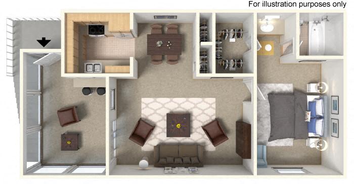 Floor plan for 1 bed, 1 bath, 636 sqft